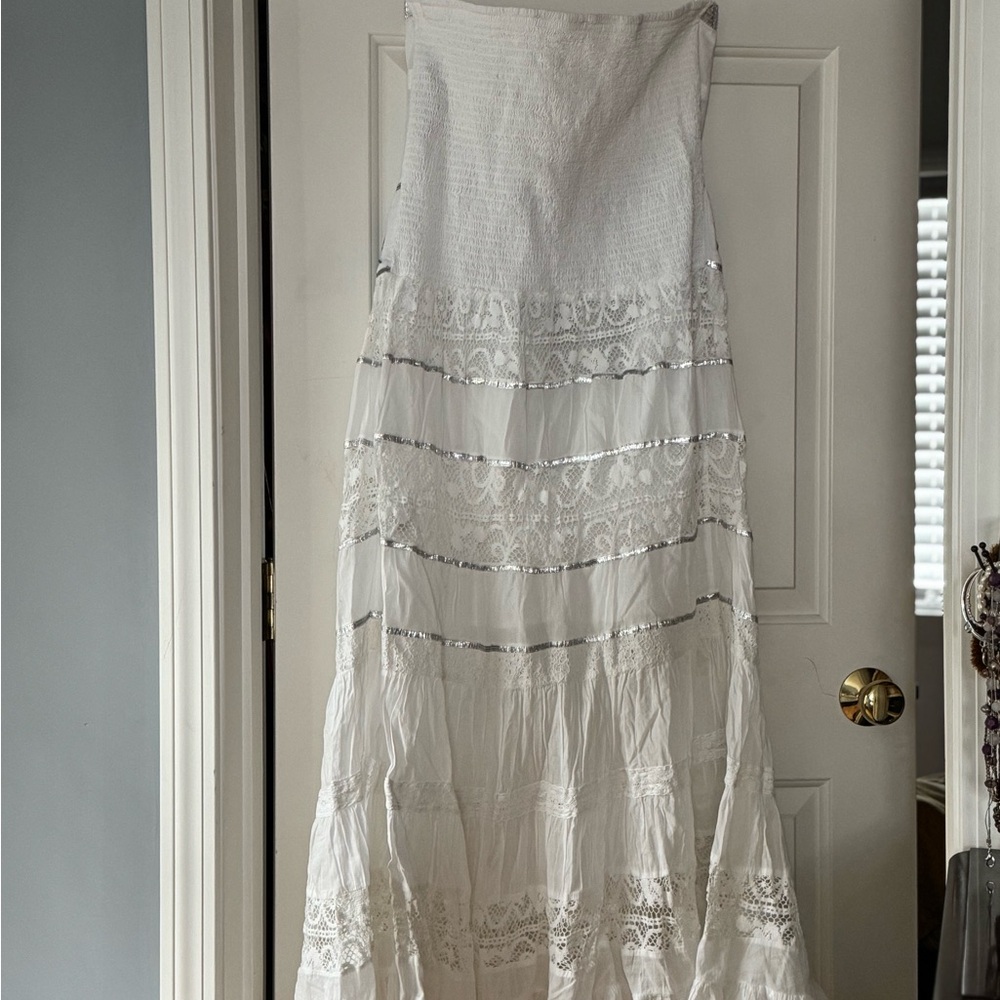 Boston Proper Strapless White Dress with Blue Embroidery - Picture 3 of 3